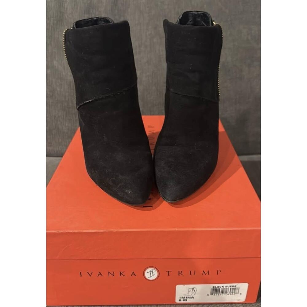 Ivanka Trump Black Suede Booties with Gold Accent Zipper Size 6